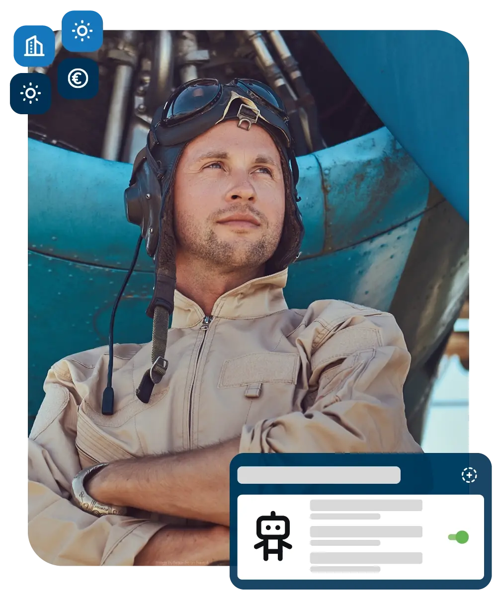 pilot in the background with graphics in front